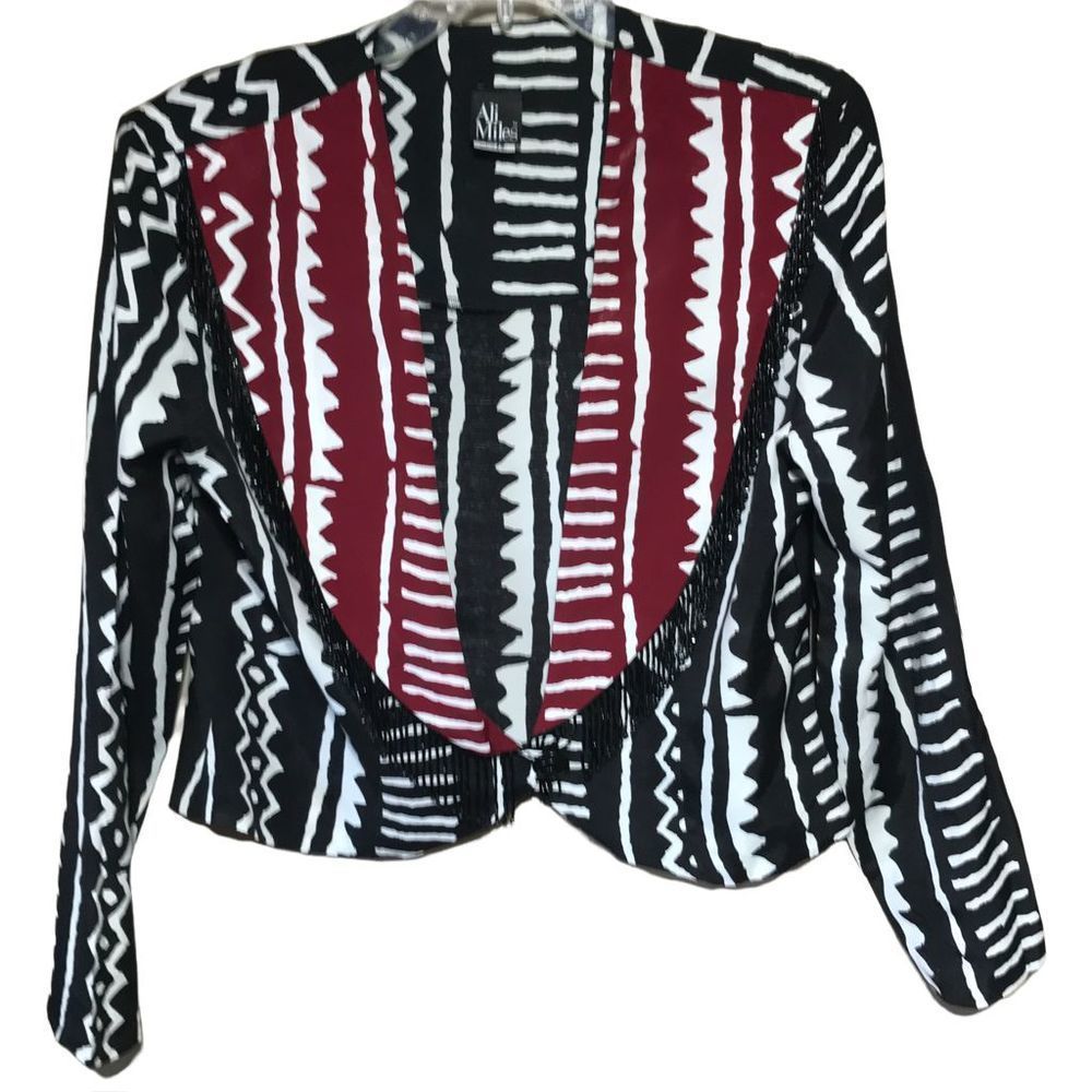 Vintage 90s red black & white crop bead tassel jacket mod size L